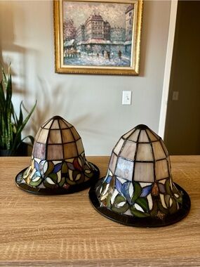 Pair of Vintage Tiffany-Style Stained Glass 3 Hole Bell Shape Pendant Light 6.5”